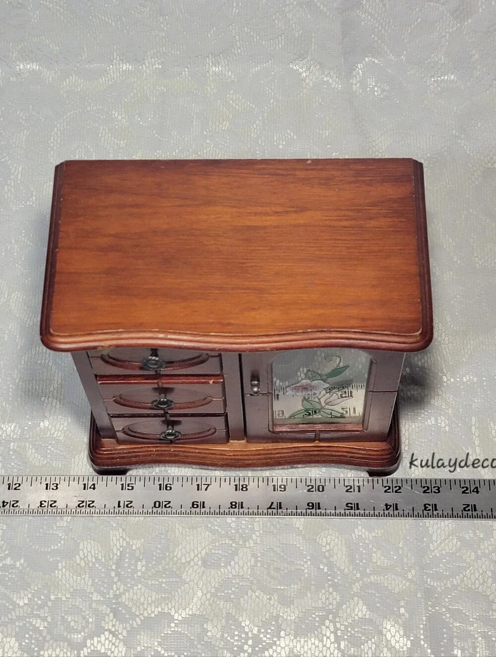 Vintage Wooden Jewelry Box Organizer 3 Drawer Mirrored Floral Glass Door Trinket